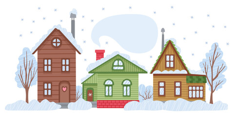 Obraz na płótnie Canvas Winter town. Cozy houses surrounded by trees and snowdrift. Snowy day country landscape. Vector flat illustration isolated on white. Great for Christmas cards, posters. Flat design.