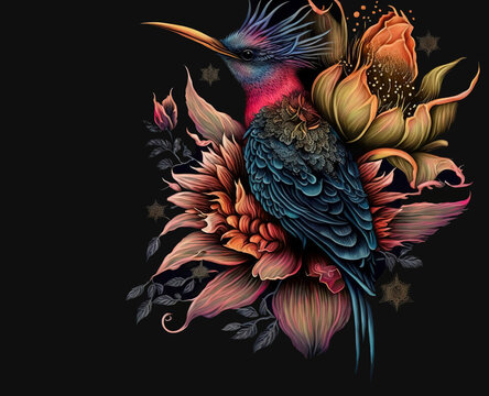 beautiful tropical bird in exotic flowers in vintage style, hummingbirds on dark background. Tattoo style. Digital illustration for t shirt, prints, posters, postcards, stickers,	tattoo
