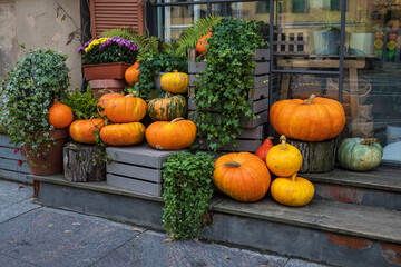 Ripe pumpkins near the store