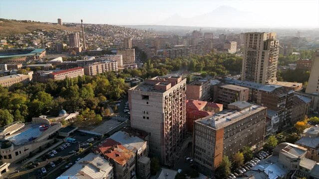 Center of Yerevan from a drone on the background of Ararat