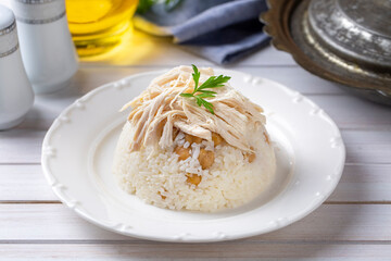 Traditional delicious Turkish food; Rice with chickpeas and chicken (Turkish name; Tavuklu nohutlu pilav or pilaf)