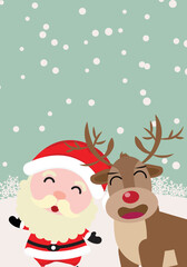 santa claus and deer cartoon christmas character, cute santa claus in flat style christmas card and banner vector illustration.