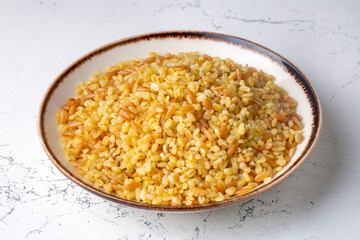 Traditional delicious Turkish food, bulgur pilaf with vermicelli (Turkish name; arpa sehriyeli bulgur pilavi)