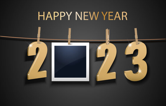 Happy New Year 2023. Merry Christmas. Template for greeting card, banner, flyer. Gold 2023 on the black background.