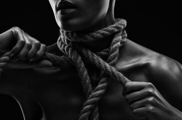 Plakat A young woman plucks ropes from her body and neck. Photo in black and white