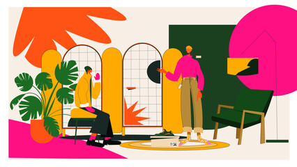 Young happy friends doing shopping together