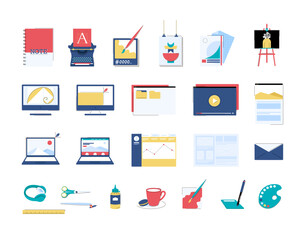 Set of trendy illustration elements in the cartoon style. Vector Laptop, Computer, easel, typewriter, monitor screen, brush, palette, video player, poster, graph, headphones, coffee, tea, brush, ruler