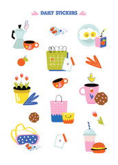 Set of trendy weekly or dairy planner stickers, illustrations for modern organizer and diaries. Collection of cute image for journal decor, hand drawn design elements. Vector flat cartoon style.