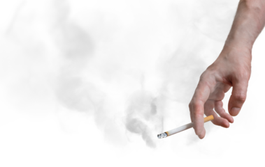 Smoker is holding smoking cigarette in hand. A lot of smoke around. Isolated on transparent background.