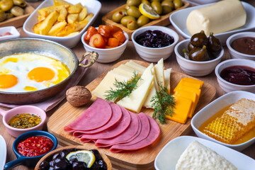 Traditional delicious Turkish breakfast, food concept photo.