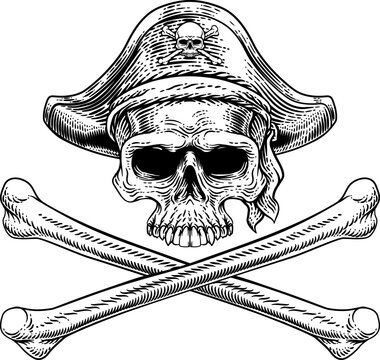 recommend clip art: Pirate skull and crossbones skeleton grim reaper mascot in pirates captain hat. Original illustration in a vintage retro woodcut etching style.