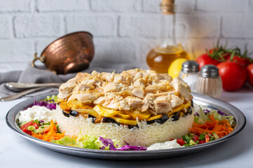 Middle Eastern food culture, Turkish cuisine; type of pilaf, pilaf with chicken and vegetables,...