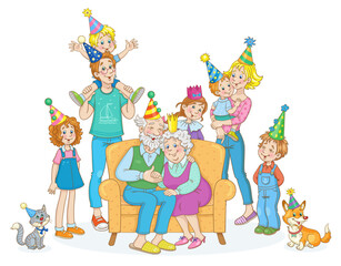 Big friendly family in hats for a birthday party. Grandparents are sitting on the couch, mom, dad and five children of different ages around them. In cartoon style. Isolated on a white background.
