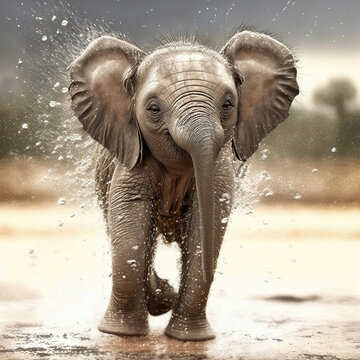 AI generated image of a baby elephant enjoying a bath 
