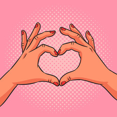 Hands making heart sign pinup pop art retro raster illustration. Comic book style imitation.