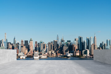 Obraz premium Skyscrapers Cityscape Downtown, New York Skyline Buildings. Beautiful Real Estate. Day time. Empty rooftop View. Success concept.