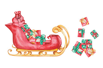 Watercolor illustration of hand painted red and golden sledge full of gift boxes. Santa Claus sleigh with presents and bag. Sled for reindeers. Isolated clip art for New Year print, Christmas postcard