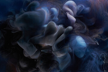Blue ink abstract background. Acrylic paint backdrop for perfume, hookah, cosmetics. Mysterious smoke clouds, colorful fog © amixstudio