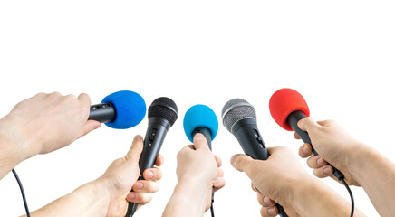 Many hands holding microphones during interview. Isolated on transparent background.