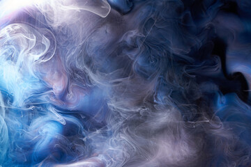 Blue ink abstract background. Acrylic paint backdrop for perfume, hookah, cosmetics. Mysterious smoke clouds, colorful fog