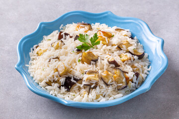 Traditional Turkish food; Eggplant rice pilaf. Turkish name; Patlicanli pirinc pilavi