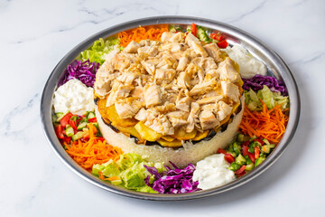 Middle Eastern food culture, Turkish cuisine; type of pilaf, pilaf with chicken and vegetables, Turkish name; Maklube, tavuklu maklube