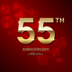 55th Anniversary Celebration. Golden number 55 with sparkling confetti and glitter for celebration events, wedding, invitation, greeting card. Vector illustration
