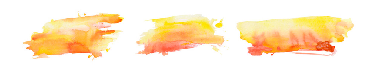 Set of 3 abstract hand-drawn textured mixed red, yellow, orange watercolor, gouache or acrylic paint stains isolated on white background. Pack of Holi graphic design elements. Color explosion frame.