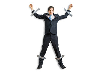 Businessman in suit is taped to the wall with adhesive tape. Isolated on transparent background.