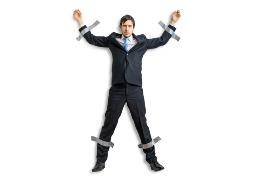 Businessman in suit is taped to the wall with adhesive tape. Isolated on transparent background.