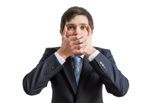 Funny businessman is covering his mouth with hands. Isolated on transparent background. - Powered by Adobe
