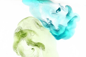 Fototapeta premium Blue green ink abstract background. Acrylic paint backdrop for perfume, hookah, cosmetics. Mysterious smoke clouds, colorful fog