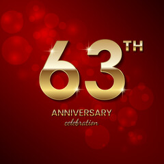 63th Anniversary Celebration. Golden number 63 with sparkling confetti and glitter for celebration events, wedding, invitation, greeting card. Vector illustration