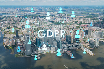 Plakat Aerial panoramic helicopter city view of New Jersey City financial Downtown skyscrapers. GDPR hologram, concept of data protection regulation and privacy for all individuals