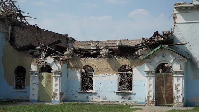 Irpin. 2022. Palace of Culture, The ruined roof of the cultural center. The windows were blown out by the blast wave.