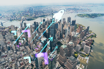 Aerial panoramic helicopter city view, Lower Manhattan, Downtown, New York, USA. World Trade Center, bridges. Startup company, launch project to seek and develop scalable business model, hologram