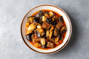 Traditional Turkish cuisine; Meaty Eggplant Dish. Turkish name; patlican guvec or patlican tava