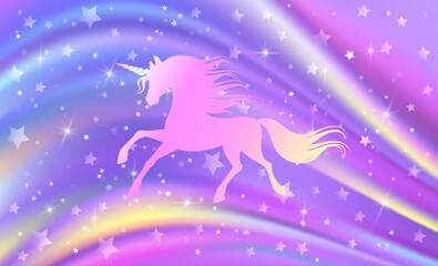 Fantasy rainbow purple background in sparkling stars and unicorn.