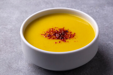 Traditional delicious Turkish foods; Red lentil soup (Turkish name; Mercimek corbasi)