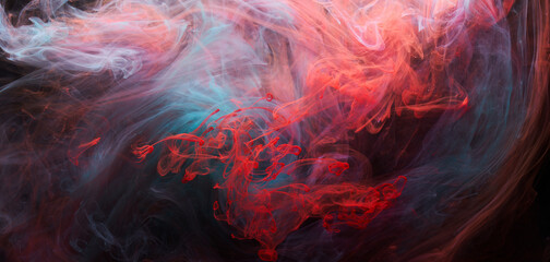 Fototapeta na wymiar Emerald red ink abstract background. Acrylic paint backdrop for perfume, hookah, cosmetics. Mysterious smoke clouds, colorful fog