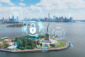 Aerial panoramic helicopter city view of Lower Manhattan, Downtown, New York, New Jersey, and Statue of Liberty. The concept of cyber security to protect confidential information, padlock hologram