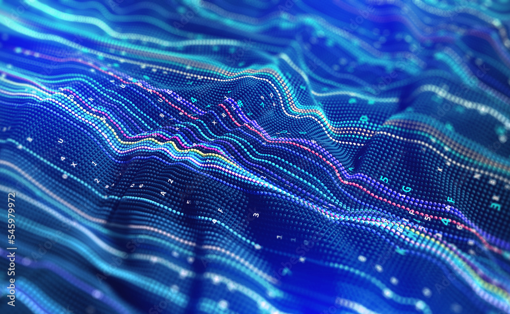 Leinwandbilder Digital strings data stream. Big data business analytics. Wavy field of cyberspace. 3D illustration of a conceptual internet technology presentation