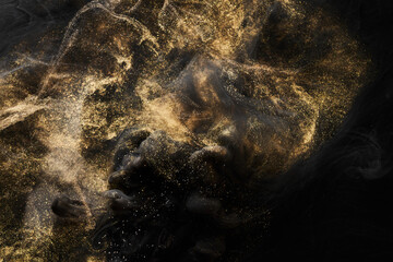 Golden sparkling abstract background, luxury black smoke, acrylic paint underwater explosion, cosmic swirling ink © amixstudio