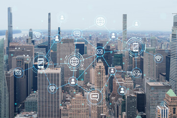 Aerial panoramic city view of Upper Manhattan and Central Park, New York city, USA. Iconic skyscrapers of NYC. Social media hologram. Concept of networking and establishing new people connections