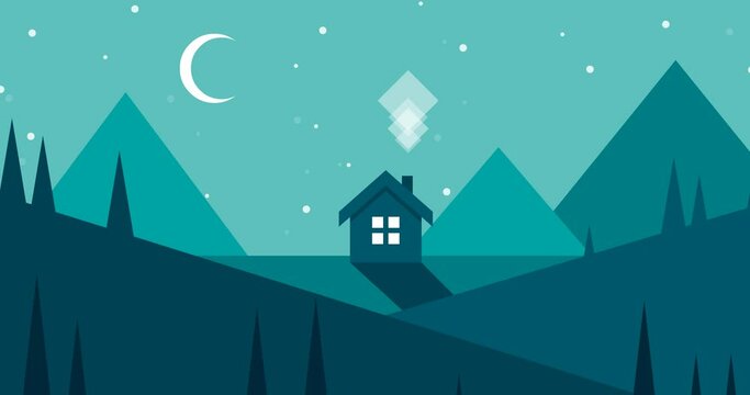 Animated background of geometric mountains with houses in the middle of a vast expanse on a moonlit night