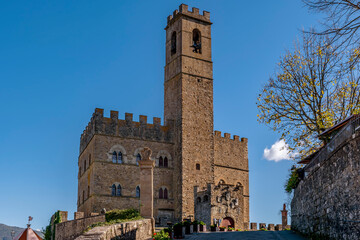 The historic center of Poppi, Arezzo, Italy, dominated by the Conti Guidi castle