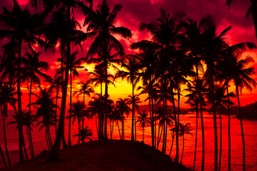 Golden sunset on tropical ocean island beach with coconut palm trees silhouettes