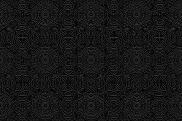 Embossed vintage black background, cover ethnic design. Press paper, boho style, doodle and zentangle technique. Tribal geometric 3d pattern. Actual themes of the East, Asia, India, Mexico, Aztecs