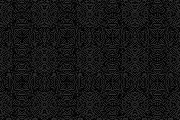 Embossed vintage black background, cover ethnic design. Press paper, boho style, doodle and zentangle technique. Tribal geometric 3d pattern. Actual themes of the East, Asia, India, Mexico, Aztecs