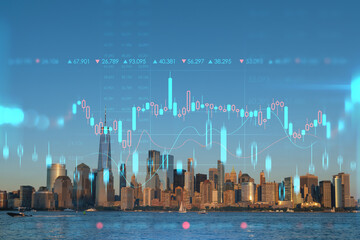 Fototapeta na wymiar Skyline of New York City Financial Downtown Skyscrapers at sunset. Manhattan, NYC, USA. View from New Jersey. Forex candlestick graph hologram. The concept of internet trading, brokerage, analysis